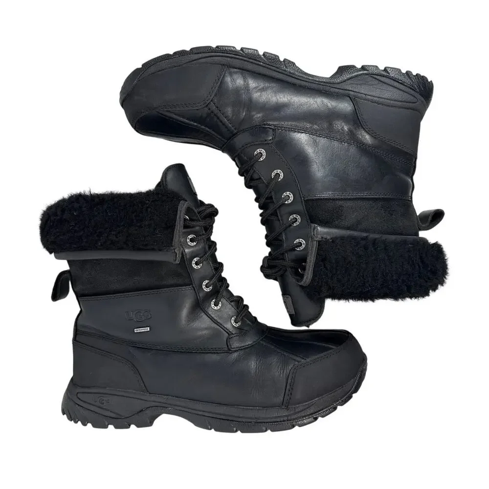 UGG Butte Winter Boots Mens 9.5 Waterproof Black Leather Sheepskin Lined‎ 5521